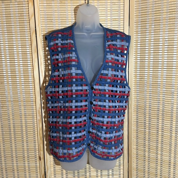 Koret City Blues Vintage 1990s Y2K Blue Denim Patchwork Open Holes Vest Large - Picture 1 of 15